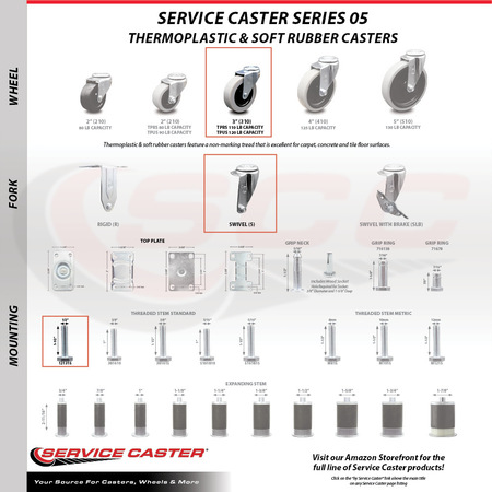 Service Caster 3 Inch Thermoplastic Rubber Wheel 1/2 Inch Threaded Stem Caster SCC-TS05S310-TPRS-121315